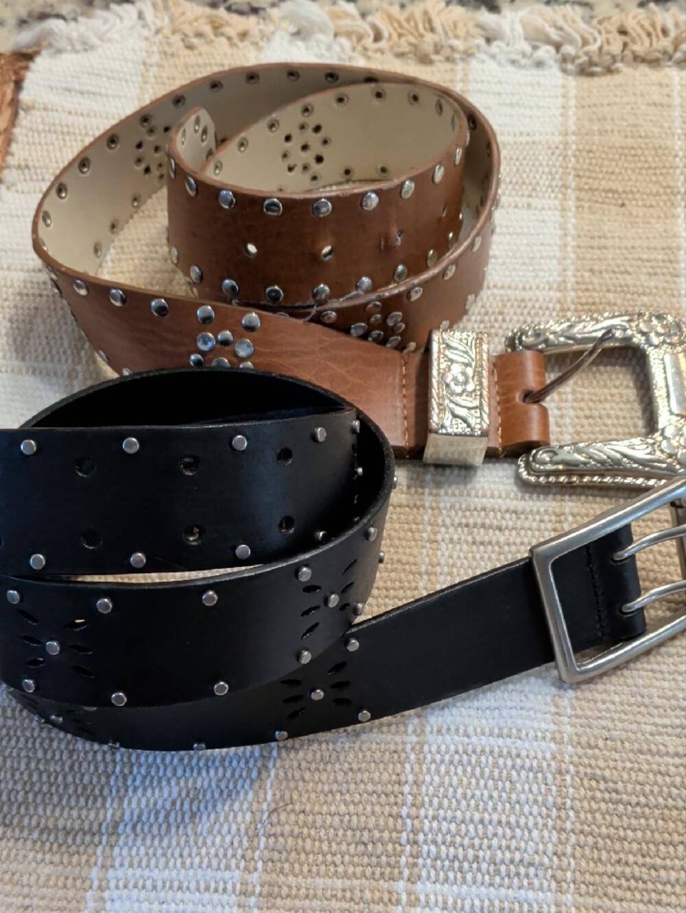 Studded Leather Women's Belts with Decorative Buckle - Black & Brown